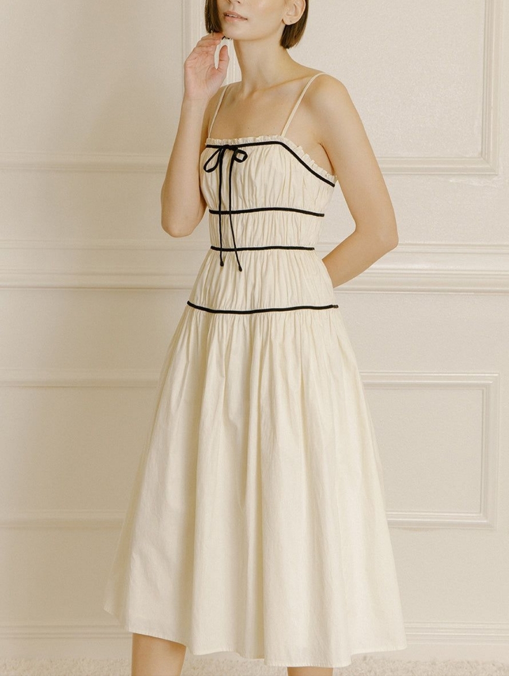 Storia Cottagecore Coquette Midi Dress Cream Black Trim Pockets Sz M